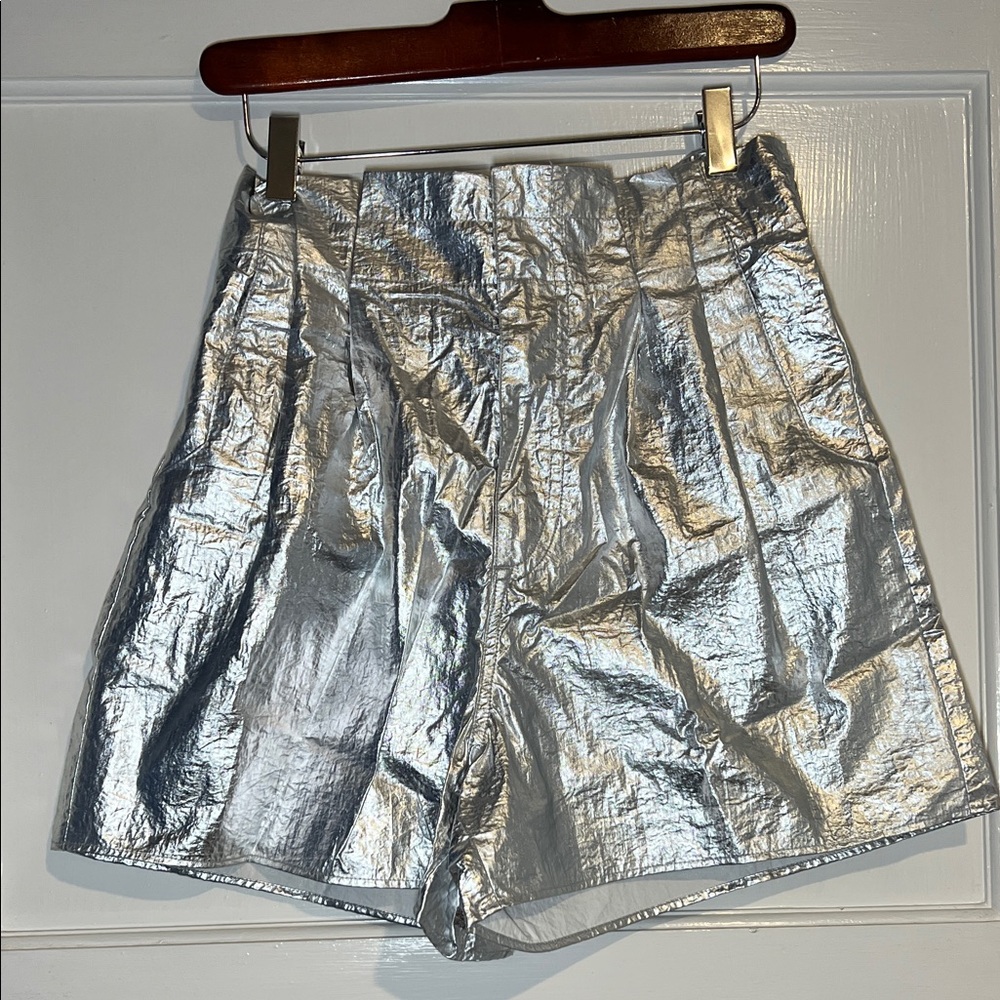 Zara Metallic Silver High Waist Shorts